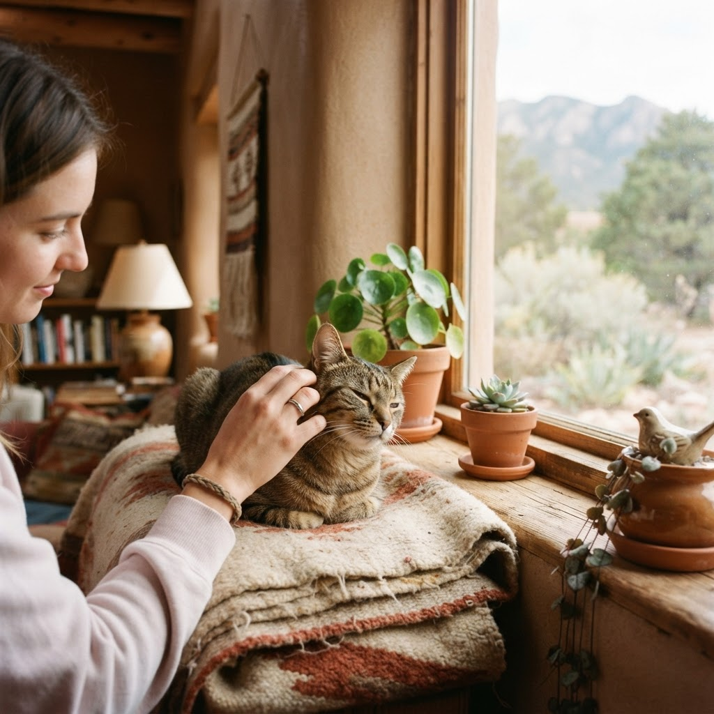 A calm tabby cat being gently petted on a sunny windowsill at home