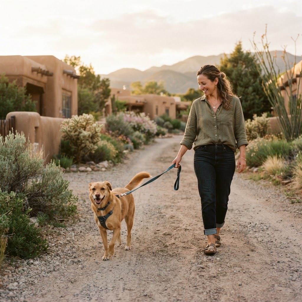 A happy dog being walked on a quiet residential street at golden hour