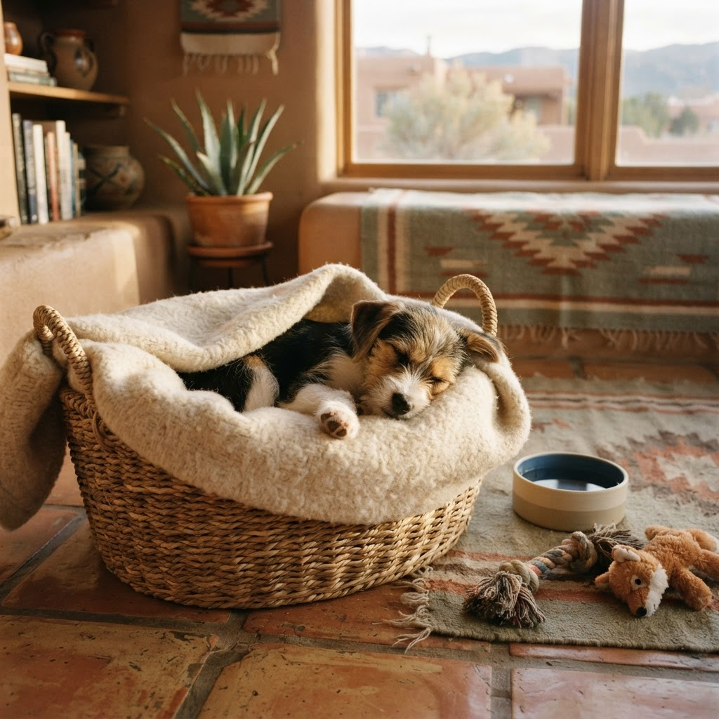 A foster puppy resting in a soft blanket-lined basket in a cozy home