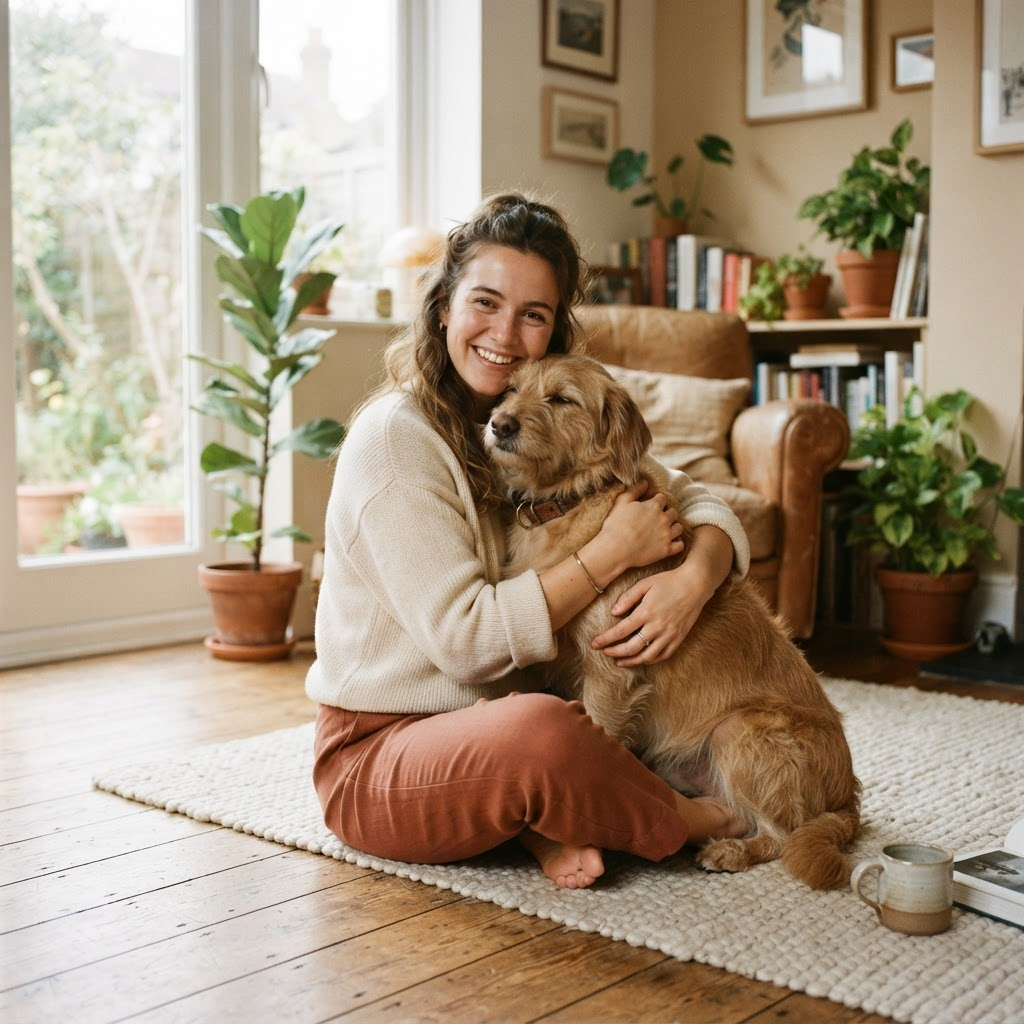 Jordyn, founder of Hibiscus House Pet Care, sitting comfortably with a dog at home