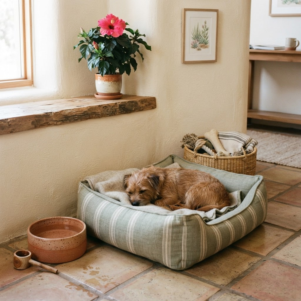 A cozy dog bed, woven basket, and potted hibiscus in a warm home corner